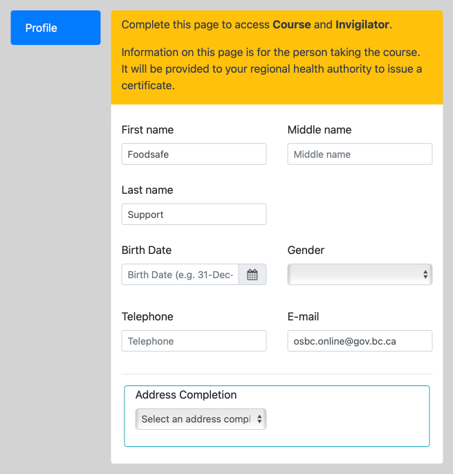 Address and Profile page