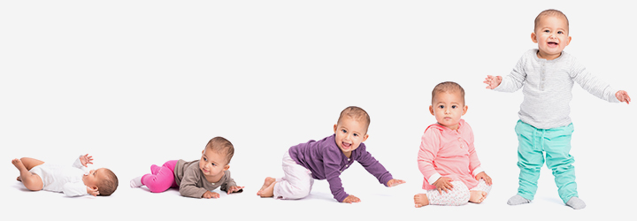 Five images of infant showing physical development from newborn to toddler. Source: Royalty-free image from iStock