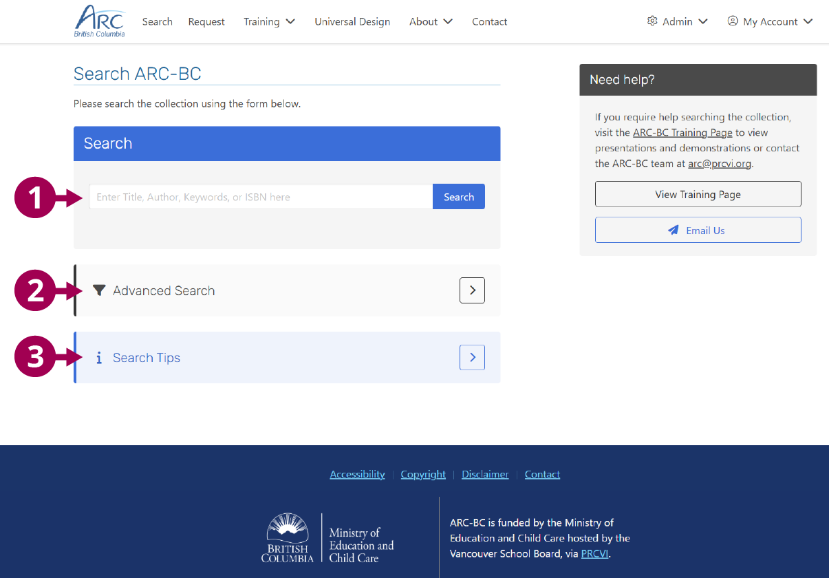 Screenshot of the ARC-BC repository search page